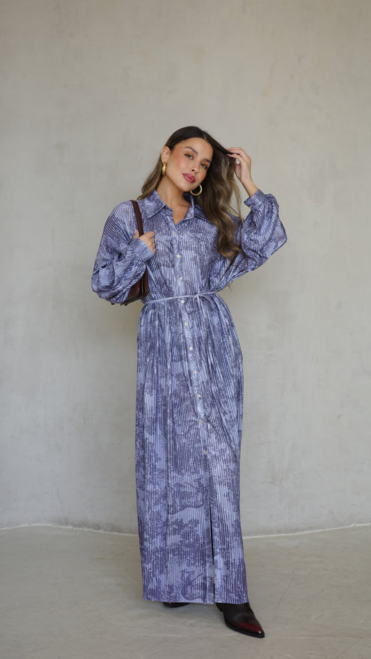 שמלת פליסה כפתורים אבלין | כחול