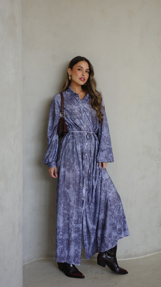 שמלת פליסה כפתורים אבלין | כחול