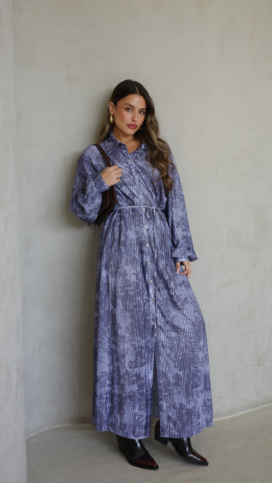 שמלת פליסה כפתורים אבלין | כחול