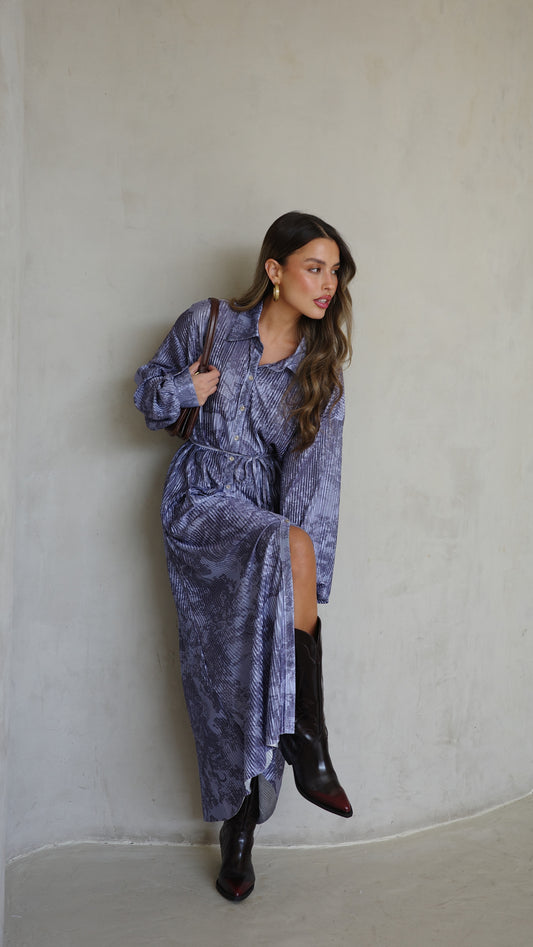 שמלת פליסה כפתורים אבלין | כחול