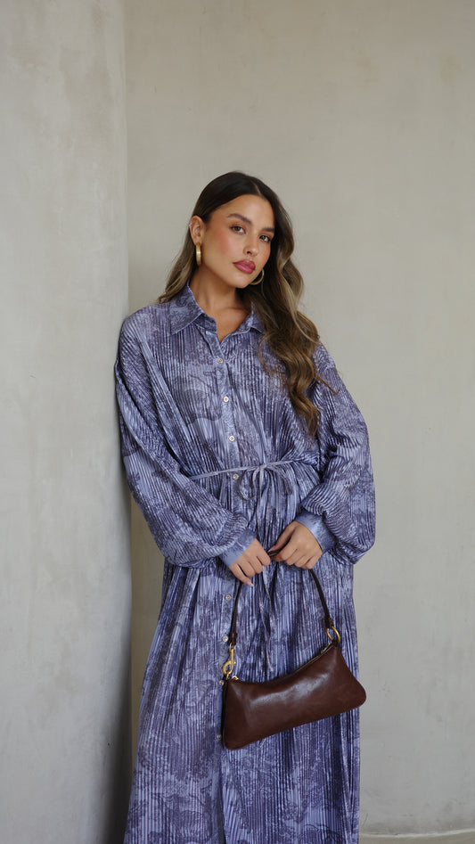 שמלת פליסה כפתורים אבלין | כחול