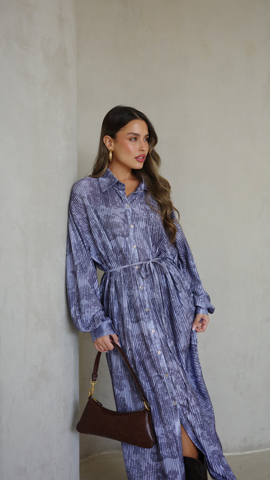 שמלת פליסה כפתורים אבלין | כחול