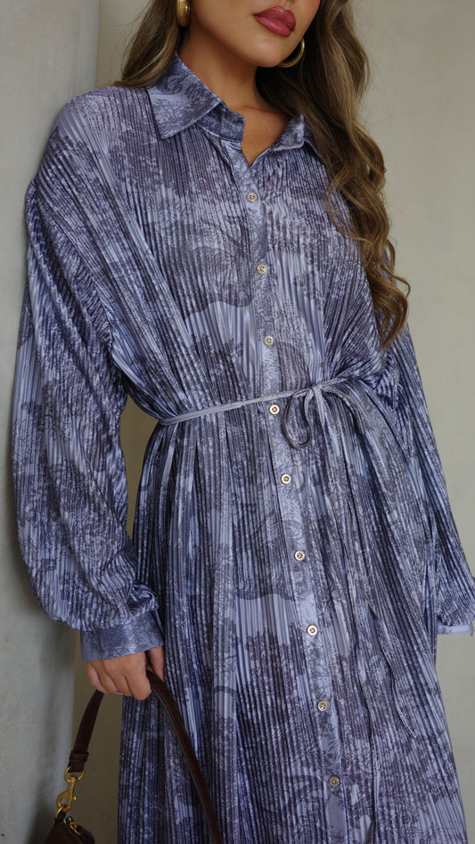 שמלת פליסה כפתורים אבלין | כחול