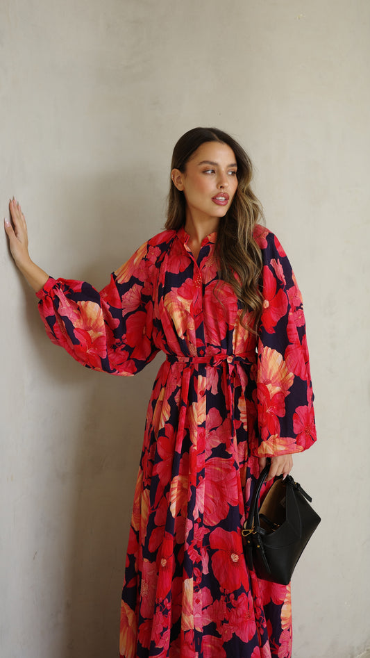 שמלת קלוש כפתורים דניס |שחור/אדום