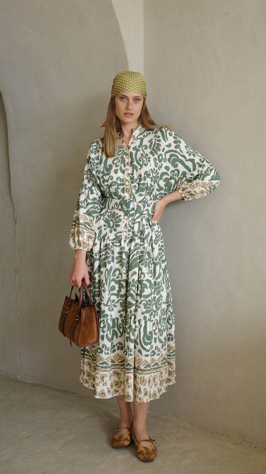 גלביה קומות כפתורים חגורה דיאנדרה | שמנת/ירוק