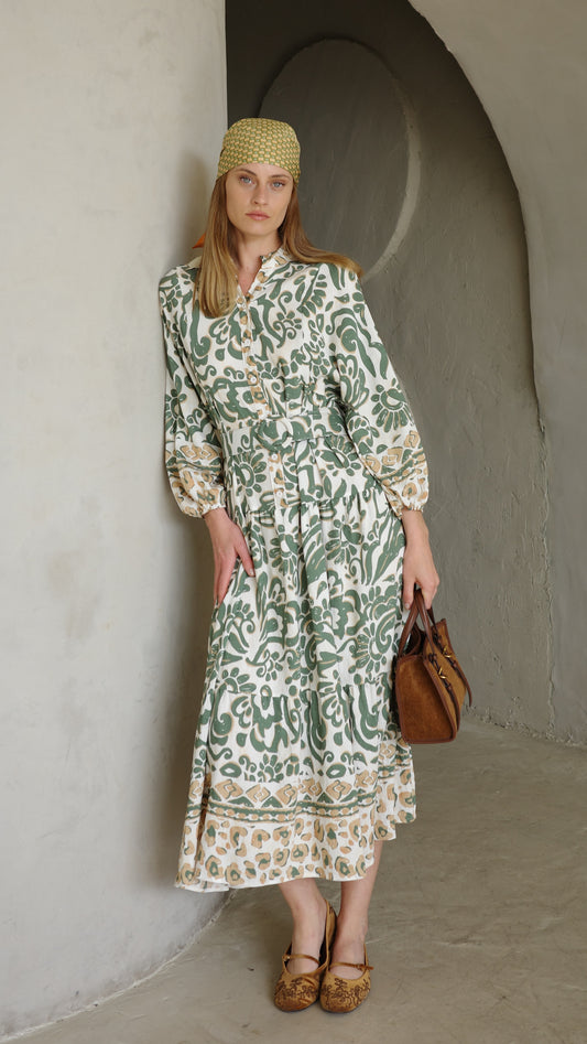 גלביה קומות כפתורים חגורה דיאנדרה | שמנת/ירוק