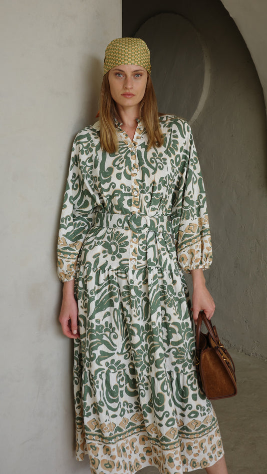 גלביה קומות כפתורים חגורה דיאנדרה | שמנת/ירוק