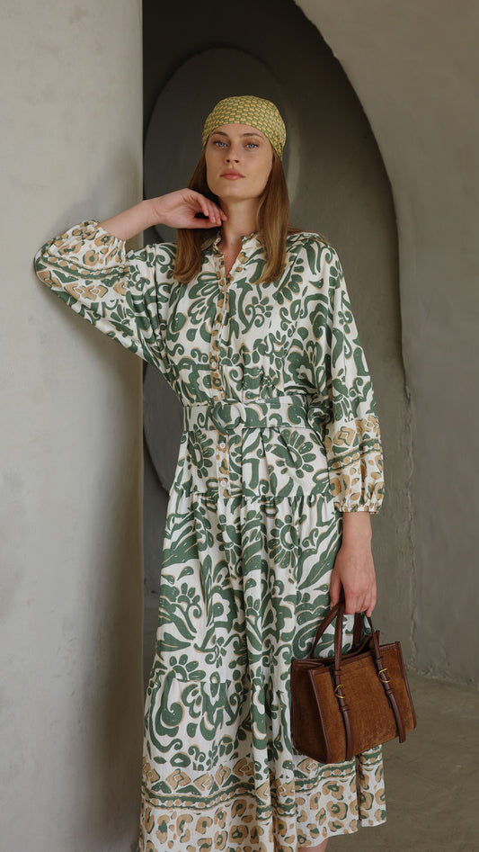 גלביה קומות כפתורים חגורה דיאנדרה | שמנת/ירוק