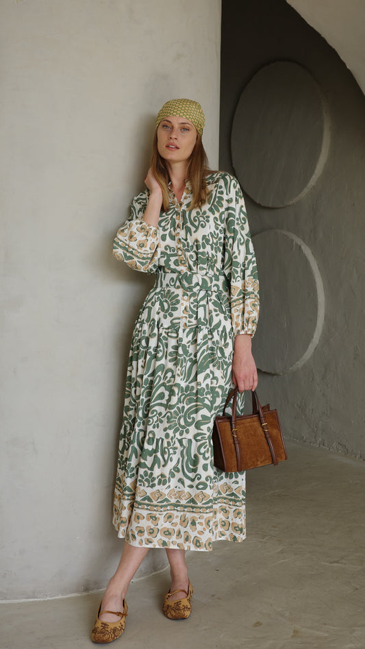 גלביה קומות כפתורים חגורה דיאנדרה | שמנת/ירוק