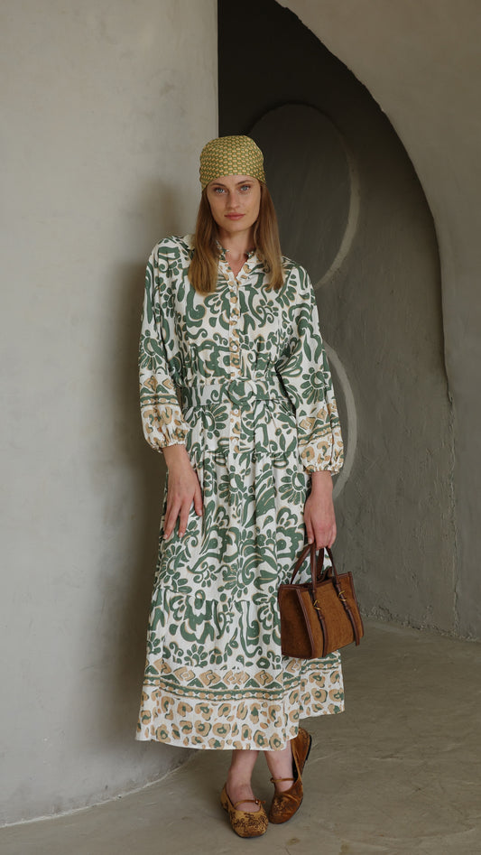 גלביה קומות כפתורים חגורה דיאנדרה | שמנת/ירוק