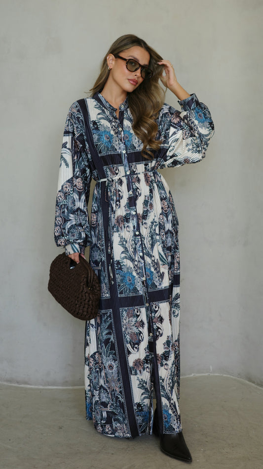 שמלת פליסה כפתורים קארן | שמנת/כחול