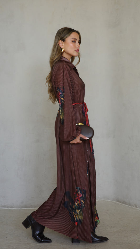 שמלת פליסה כפתורים קארן | חום