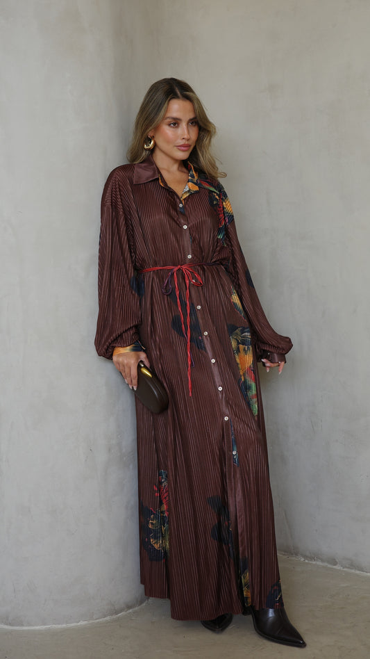 שמלת פליסה כפתורים קארן | חום