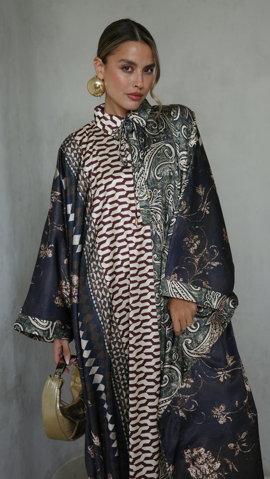 שמלת מקסי אוברסייז סאטן גולייט | ירוק/חום