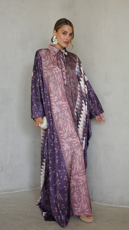 שמלת מקסי אוברסייז סאטן גולייט | סגול/ורוד