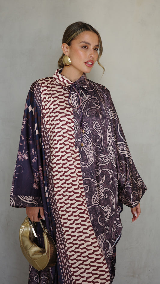 שמלת מקסי אוברסייז סאטן גולייט | בז/סגול