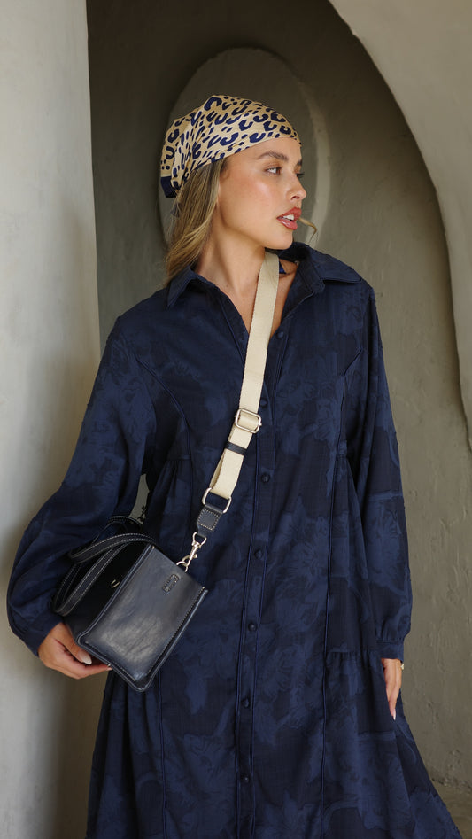 שמלת קלוש כפתורים טקסטורה אשלי | כחול