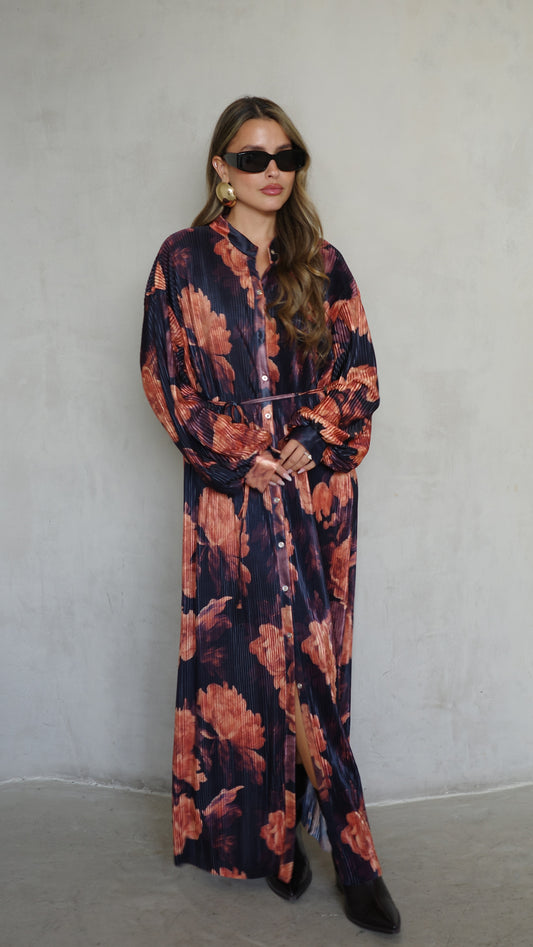 שמלת פליסה כפתורים קארן | שחור/כתום