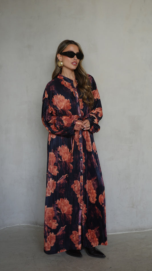 שמלת פליסה כפתורים קארן | שחור/כתום