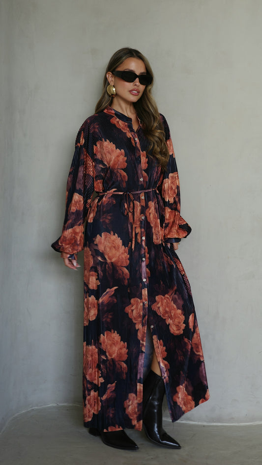 שמלת פליסה כפתורים קארן | שחור/כתום