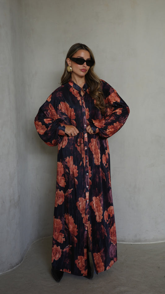 שמלת פליסה כפתורים קארן | שחור/כתום