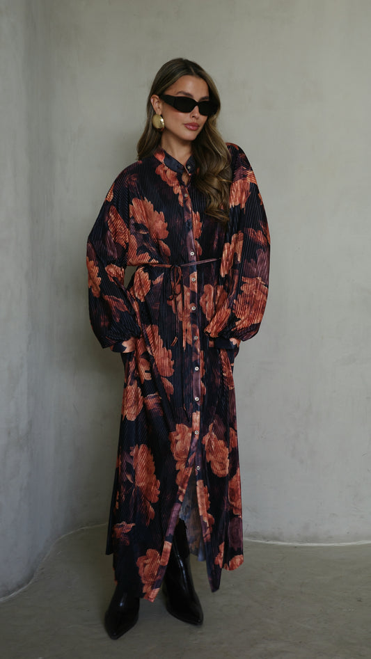 שמלת פליסה כפתורים קארן | שחור/כתום