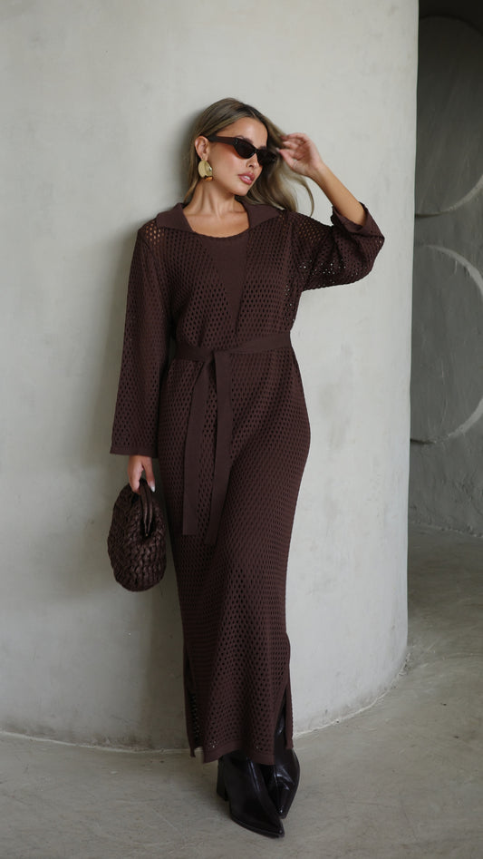 שמלת סריג 2 חלקים מחורר | חום