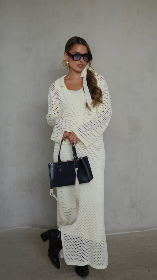 שמלת סריג 2 חלקים מחורר | שמנת