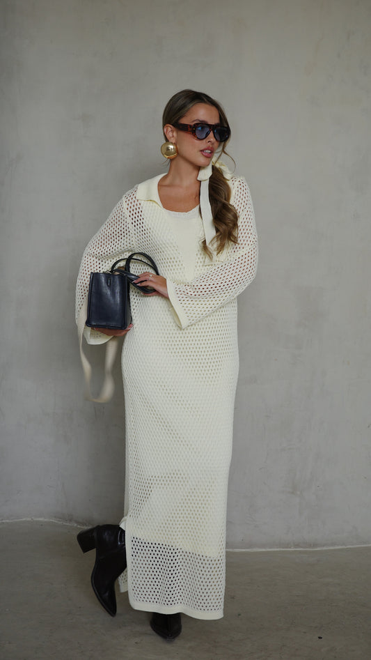 שמלת סריג 2 חלקים מחורר | שמנת