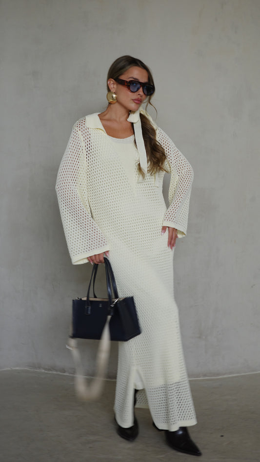 שמלת סריג 2 חלקים מחורר | שמנת