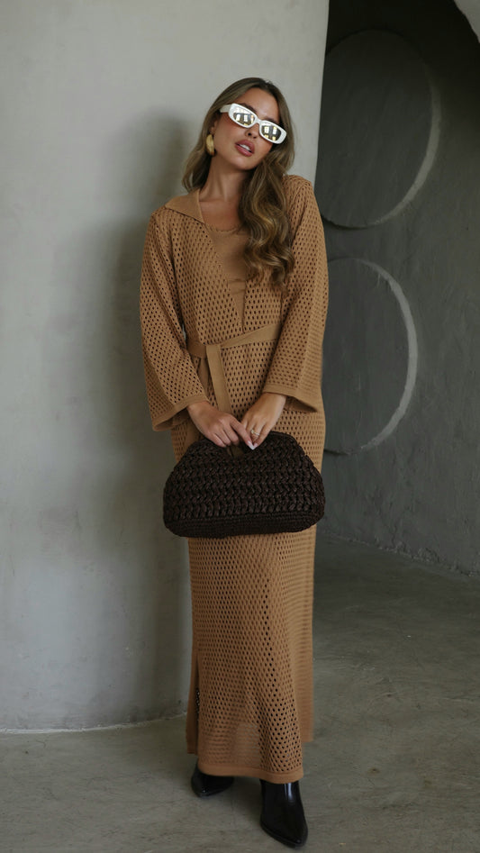 שמלת סריג 2 חלקים מחורר | קאמל