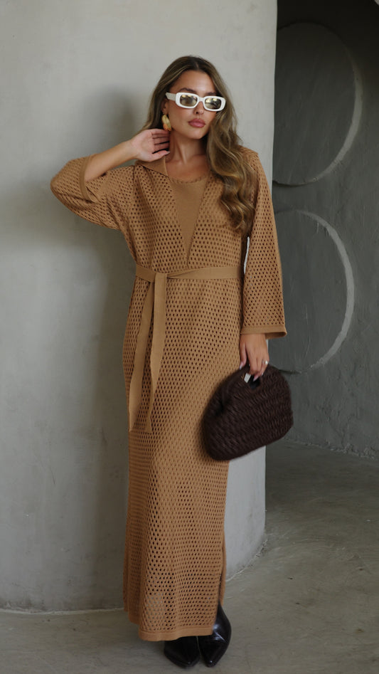 שמלת סריג 2 חלקים מחורר | קאמל