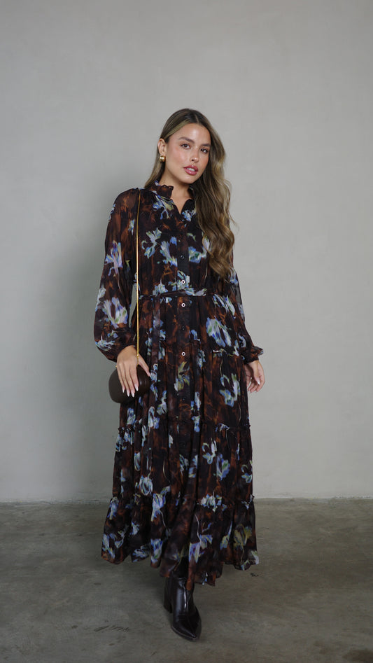 שמלת שיפון קלוש קומות פלווארס נויה | חום/תכלת