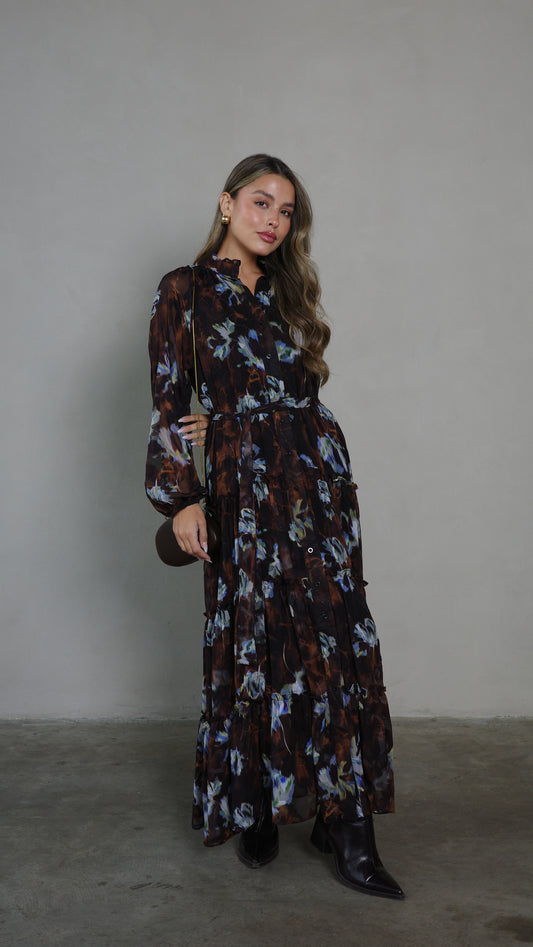 שמלת שיפון קלוש קומות פלווארס נויה | חום/תכלת