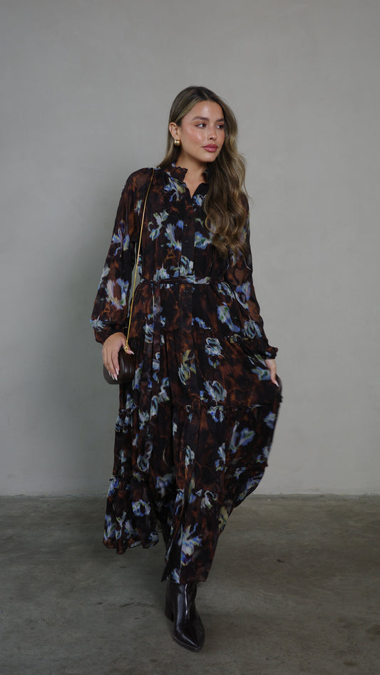 שמלת שיפון קלוש קומות פלווארס נויה | חום/תכלת