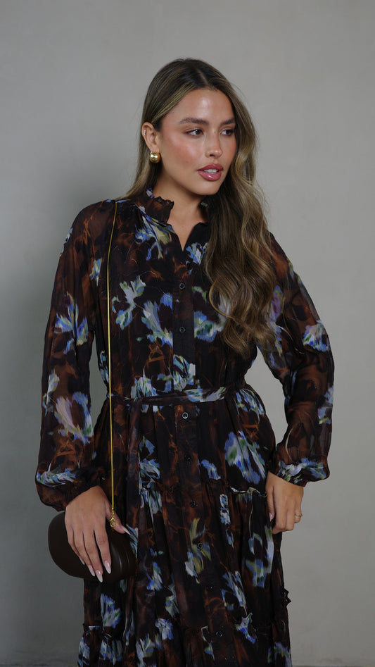 שמלת שיפון קלוש קומות פלווארס נויה | חום/תכלת