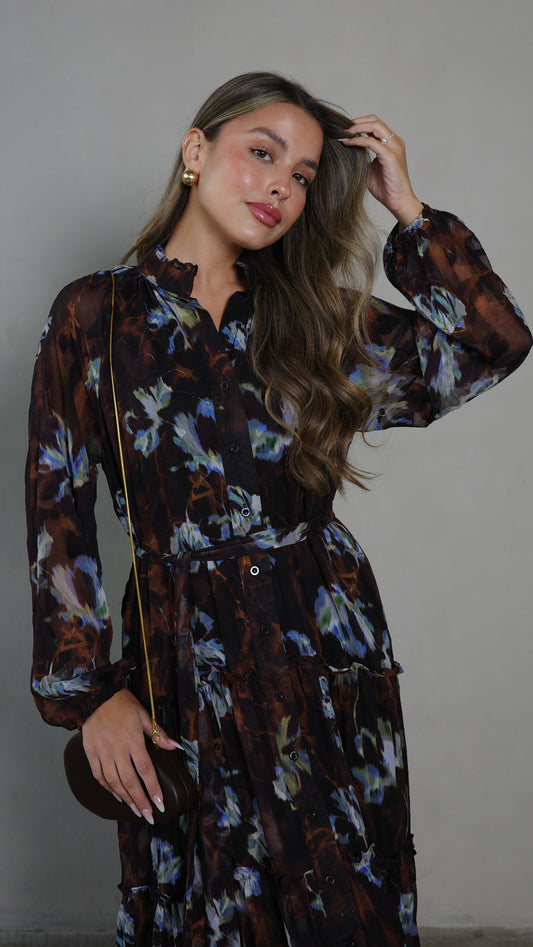 שמלת שיפון קלוש קומות פלווארס נויה | חום/תכלת