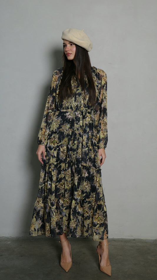 שמלת שיפון קלוש קומות פלווארס נויה | ירוק/שחור