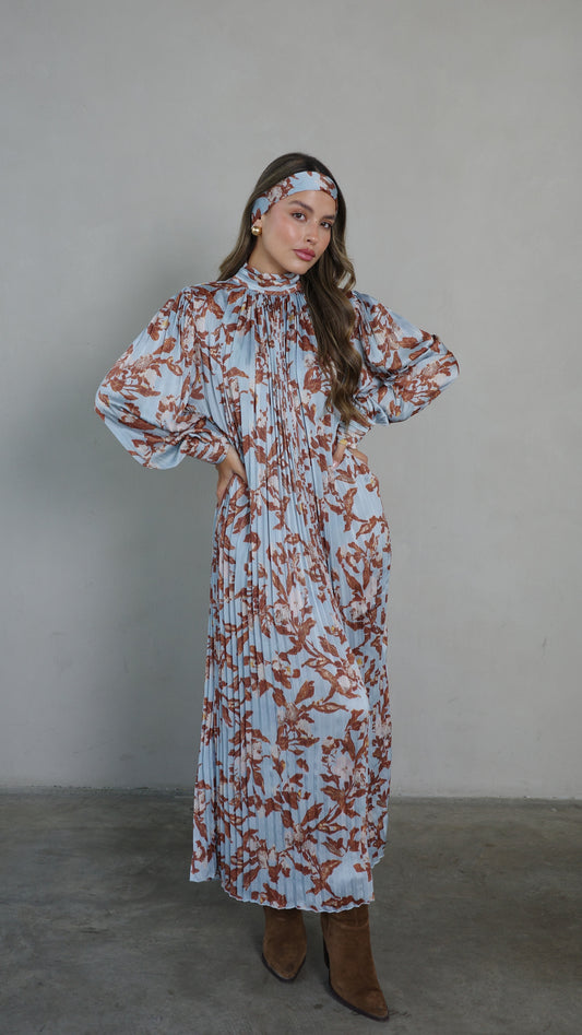 שמלת מידי פליסה קנדרה | תכלת/חום