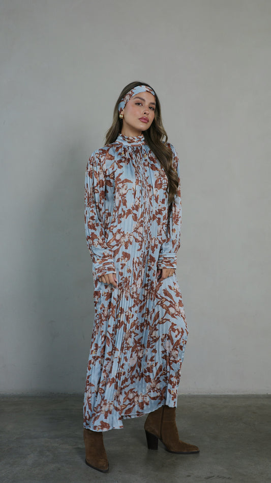 שמלת מידי פליסה קנדרה | תכלת/חום