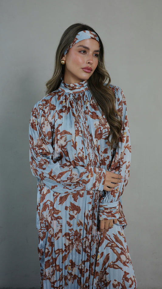 שמלת מידי פליסה קנדרה | תכלת/חום