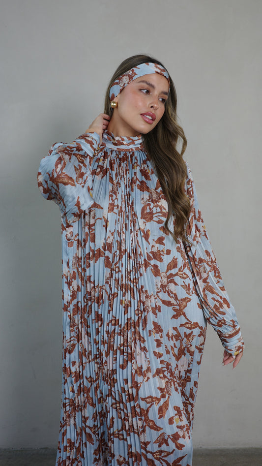 שמלת מידי פליסה קנדרה | תכלת/חום