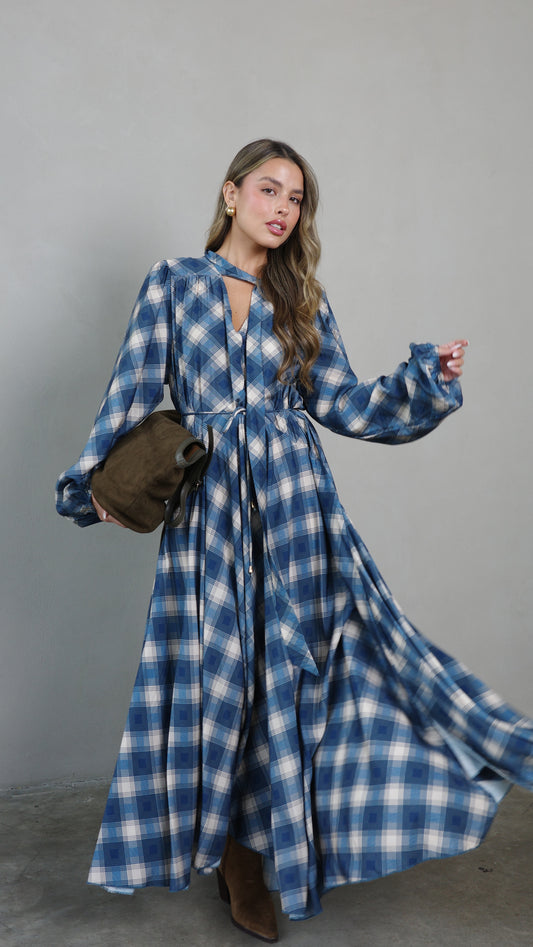 שמלת קלוש עניבה קארינה משבצות | בז/כחול