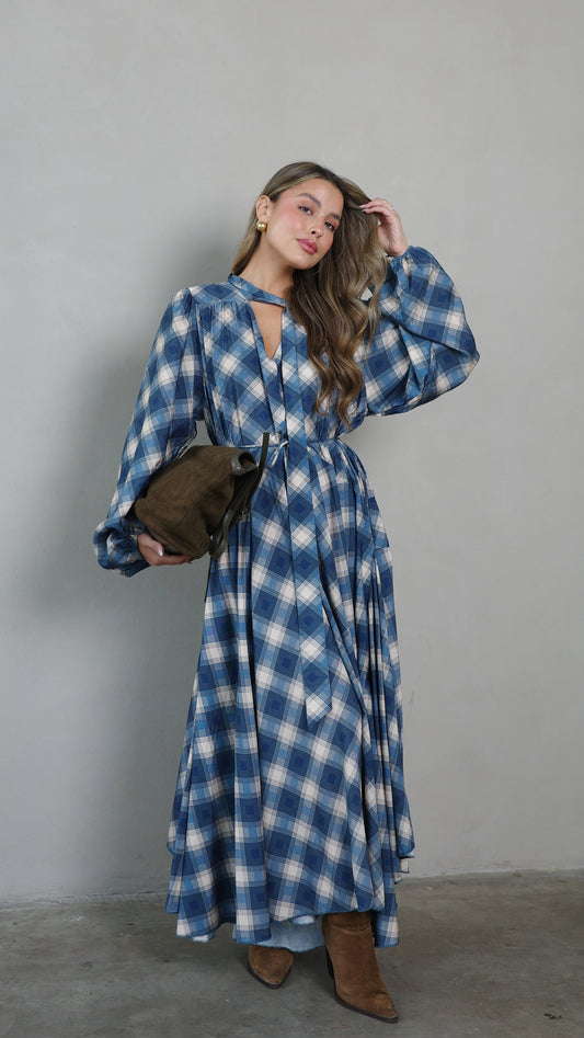 שמלת קלוש עניבה קארינה משבצות | בז/כחול