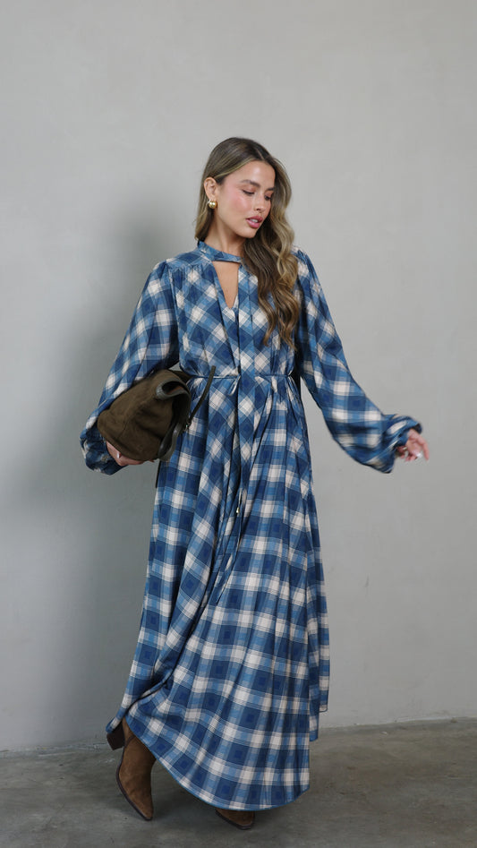 שמלת קלוש עניבה קארינה משבצות | בז/כחול