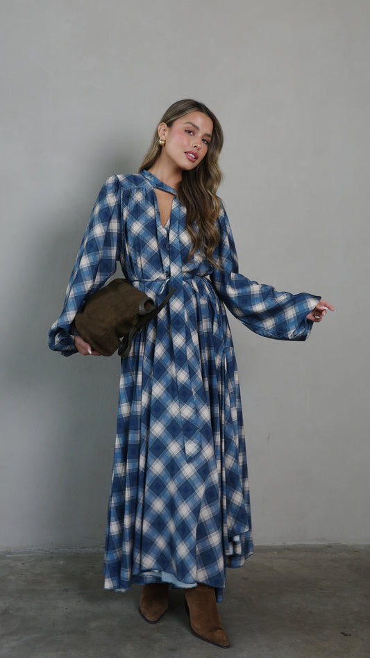 שמלת קלוש עניבה קארינה משבצות | בז/כחול