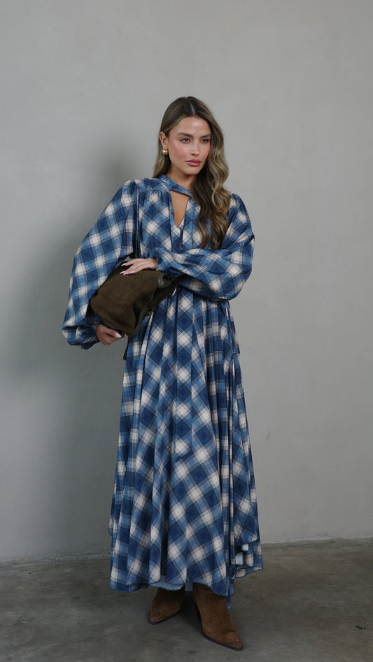 שמלת קלוש עניבה קארינה משבצות | בז/כחול