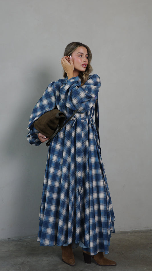 שמלת קלוש עניבה קארינה משבצות | בז/כחול