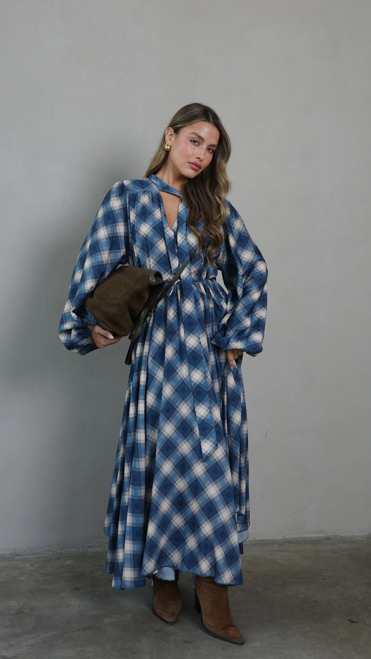 שמלת קלוש עניבה קארינה משבצות | בז/כחול