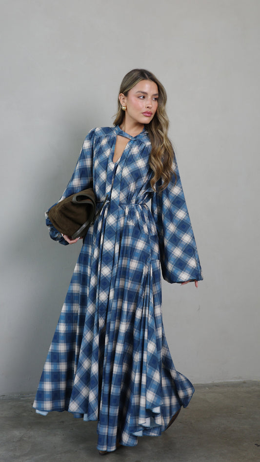 שמלת קלוש עניבה קארינה משבצות | בז/כחול